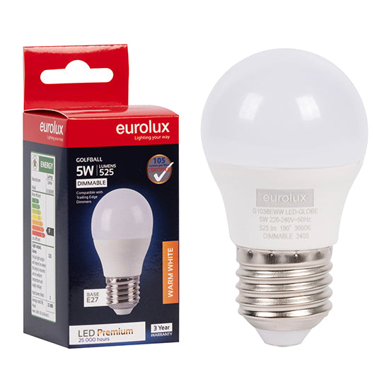Eurolux Golfball Premium 5W Dimmable LED Bulb – E27 Screw, 3000K Warm White
