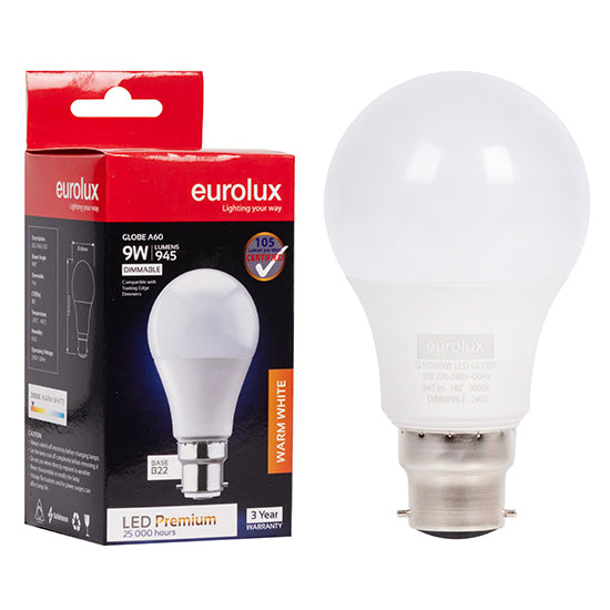 Eurolux A60 Premium 9W Dimmable LED Bulb – B22 Bayonet, 3000K Warm White