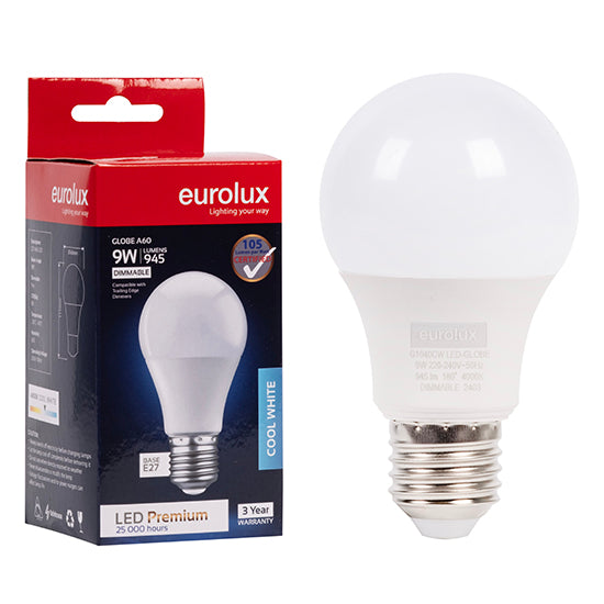 Eurolux A60 Premium 9W Dimmable LED Bulb – E27 Screw, 4000K Cool White