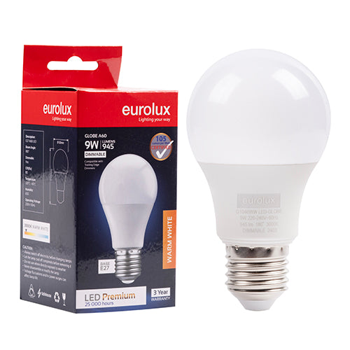 Eurolux A60 Premium 9W Dimmable LED Bulb – E27 Screw, 3000K Warm White