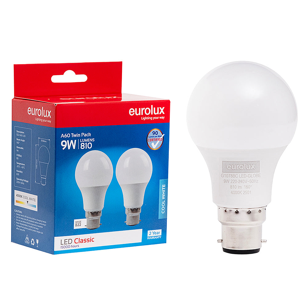 Eurolux A60 Classic 9W LED Bulb – B22 Bayonet, Twin Pack, 4000K Cool White