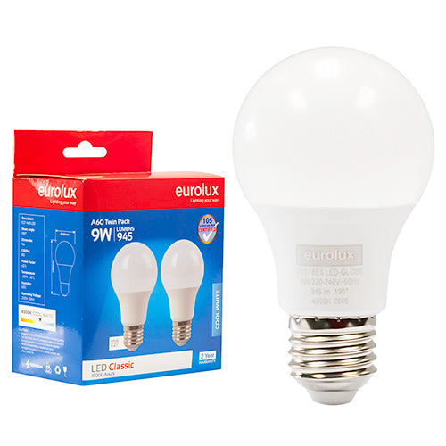 Eurolux A60 Classic 9W LED Bulb – E27 Screw, Twin Pack, 4000K Cool White
