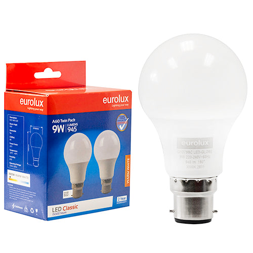 Eurolux A60 Classic 9W LED Bulb – B22 Bayonet, Twin Pack, 3000K Warm White