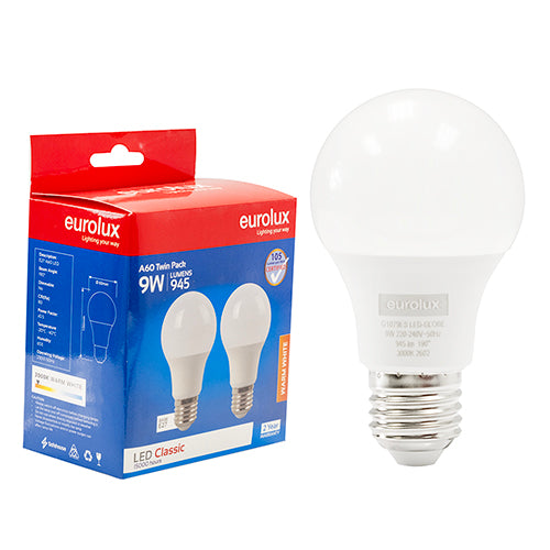 Eurolux A60 Classic 9W LED Bulb – E27 Screw, Twin Pack, 3000K Warm White
