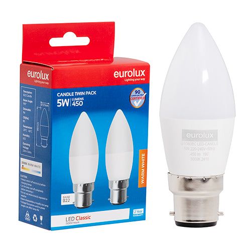 Eurolux Candle Classic 5W LED Bulb – B22 Bayonet, Twin Pack, 3000K Warm White