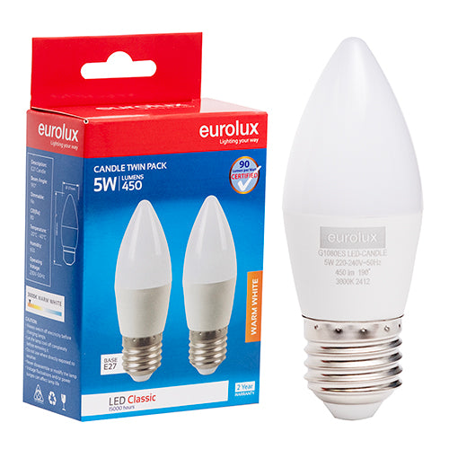 Eurolux Candle Classic 5W LED Bulb – E27 Screw, Twin Pack, 3000K Warm White