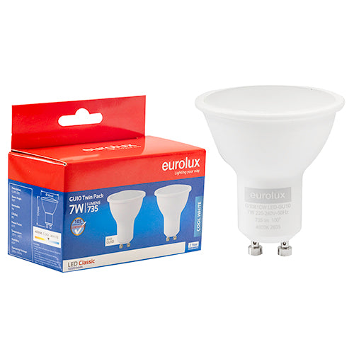 Eurolux GU10 Classic Frosted Lens 7W LED Lamp – GU10, Twin Pack, 4000K Cool White