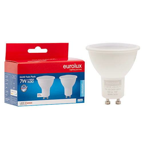 Eurolux GU10 Classic Frosted Lens 7W LED Lamp – GU10, Twin Pack, 6500K Cool Daylight