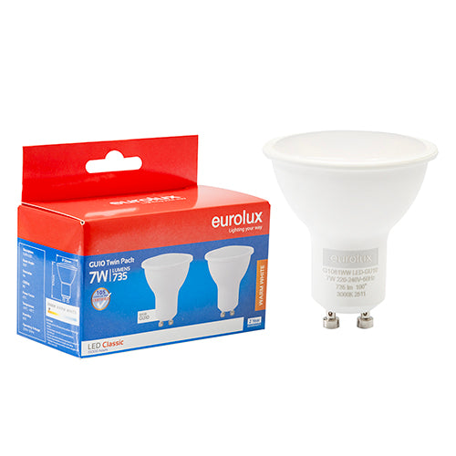 Eurolux GU10 Classic Frosted Lens 7W LED Lamp – GU10, Twin Pack, 3000K Warm White