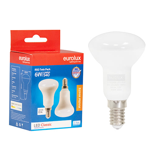 Eurolux Reflector R50 Classic 6W LED Lamp – E14 Small Screw, Twin Pack, 3000K Warm White