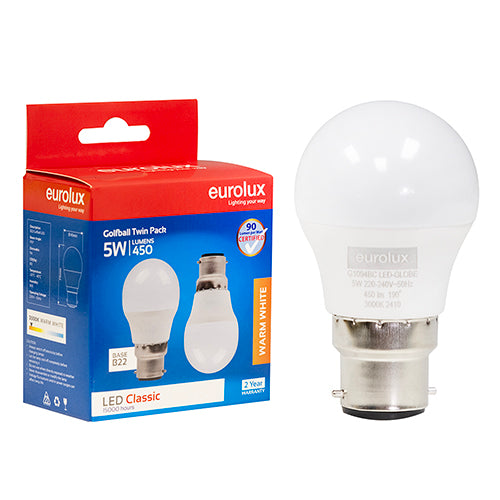 Eurolux Golfball Classic 5W LED Bulb – B22 Bayonet, Twin Pack, 3000K Warm White