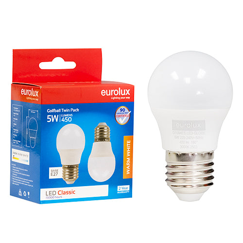 Eurolux Golfball Classic 5W LED Bulb – E27 Screw, Twin Pack, 3000K Warm White