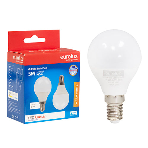 Eurolux Golfball Classic 5W LED Bulb – E14 Small Screw, Twin Pack, 3000K Warm White