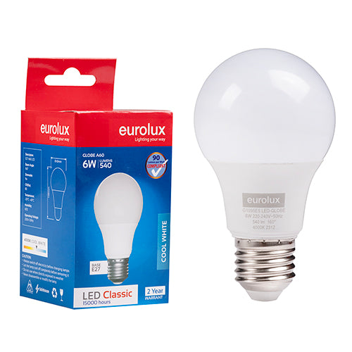 Eurolux A60 Classic 6W LED Bulb – E27 Screw, 4000K Cool White