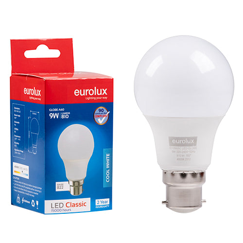 Eurolux A60 Classic 9W LED Bulb – B22 Bayonet, 4000K Cool White