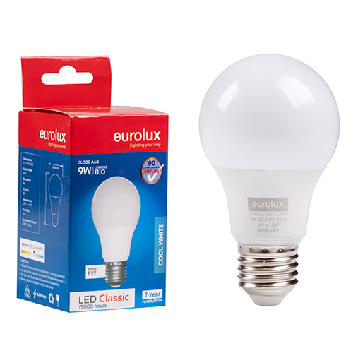 Eurolux A60 Classic 9W LED Bulb – E27 Screw, 4000K Cool White