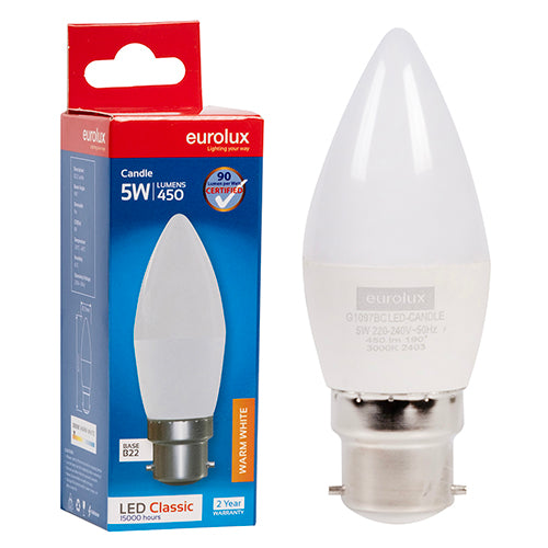 Eurolux Candle Classic 5W LED Bulb – B22 Bayonet, 3000K Warm White