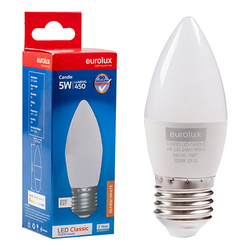 Eurolux Candle Classic 5W LED Bulb – E27 Screw, 3000K Warm White