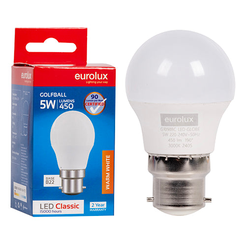 Eurolux Golfball Classic 5W LED Bulb – B22 Bayonet, 3000K Warm White