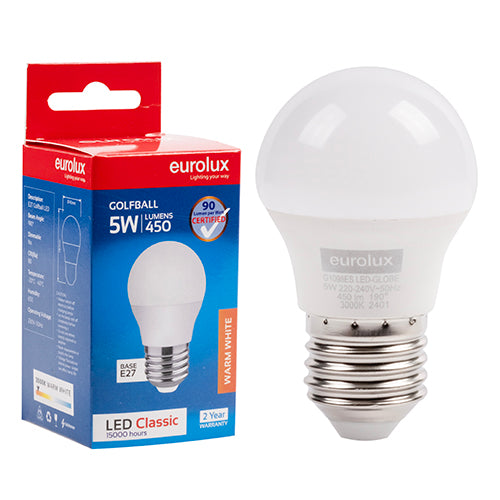 Eurolux Golfball Classic 5W LED Bulb – E27 Screw, 3000K Warm White