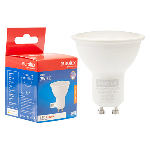 Eurolux GU10 Classic Frosted Lens 7W LED Lamp – GU10, 3000K Warm White