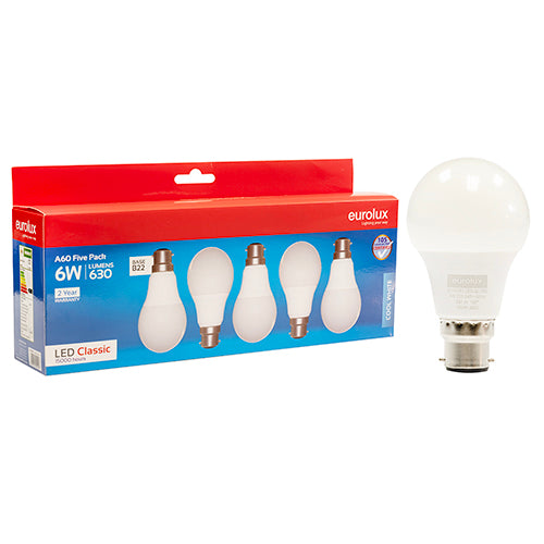 Eurolux A60 Classic 6W LED Bulb – B22 Bayonet, 5 Pack, 4000K Cool White