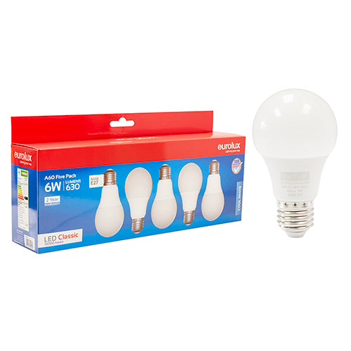 Eurolux A60 Classic 6W LED Bulb – E27 Screw, 5 Pack, 4000K Cool White