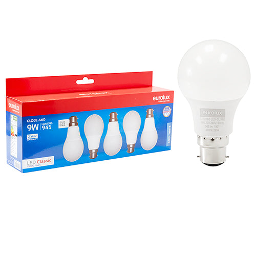 Eurolux A60 Classic 9W LED Bulb – B22 Bayonet, 5 Pack, 4000K Cool White