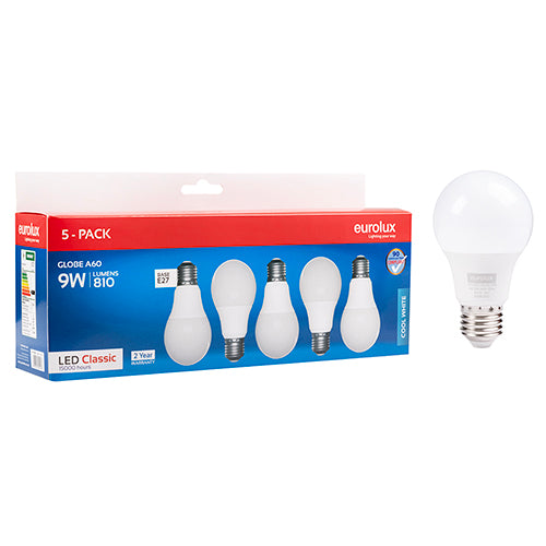 Eurolux A60 Classic 9W LED Bulb – E27 Screw, 5 Pack, 4000K Cool White