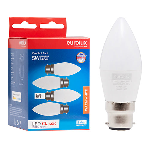 Eurolux Candle Classic 5W LED Bulb – B22 Bayonet, 4 Pack, 3000K Warm White