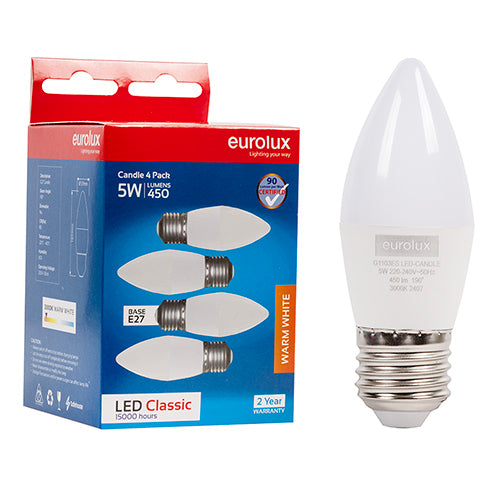 Eurolux Candle Classic 5W LED Bulb – E27 Screw, 4 Pack, 3000K Warm White