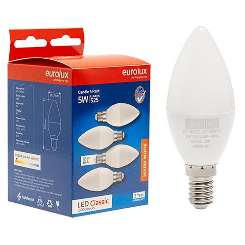 Eurolux Candle Classic 5W LED Bulb – E14 Small Screw, 4 Pack, 3000K Warm White