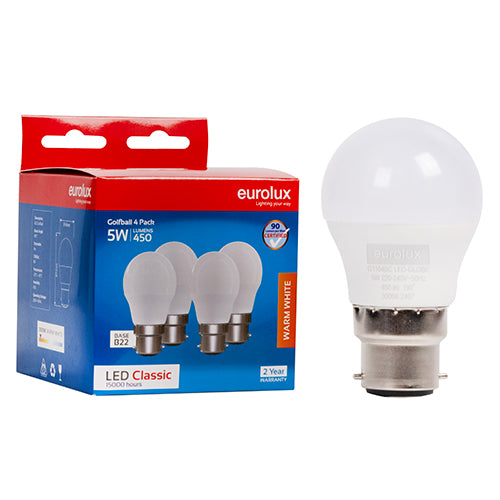 Eurolux Golfball Classic 5W LED Bulb – B22 Bayonet, 4 Pack, 3000K Warm White