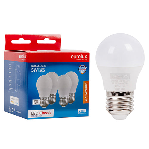 Eurolux Golfball Classic 5W LED Bulb – E27 Screw, 4 Pack, 3000K Warm White