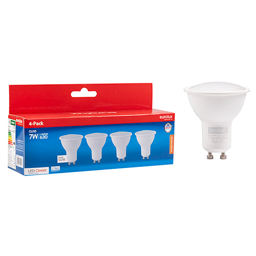 Eurolux GU10 Classic Frosted Lens 7W LED Lamp – GU10, 4 Pack, 3000K Warm White