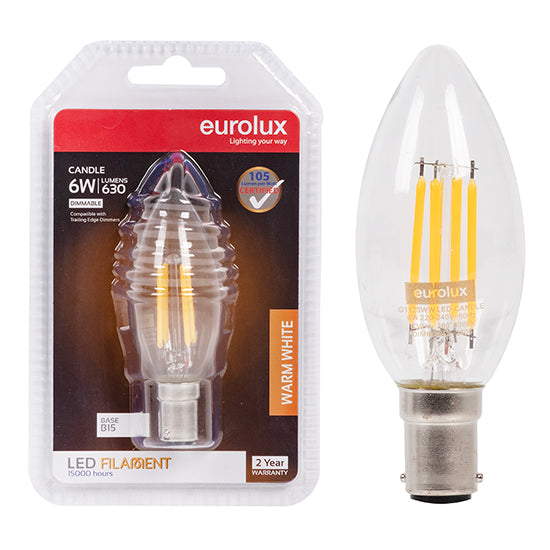 Eurolux Candle Filament 6W Dimmable LED Bulb – B15 Small Bayonet, 3000K Warm White