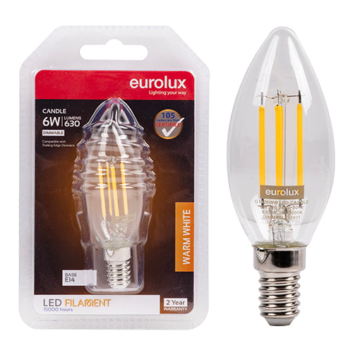 Eurolux Candle Filament Clear 6W Dimmable LED Bulb – 3000K Warm White