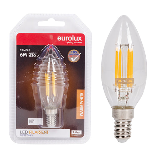 Eurolux Candle Filament Clear 6W LED Bulb – 3000K Warm White