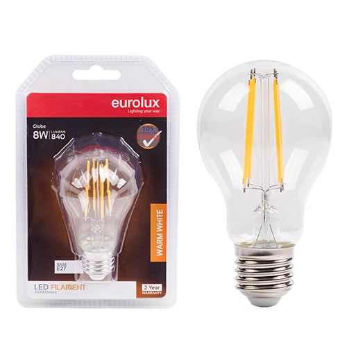 Eurolux A60 Filament Clear 8W LED Bulb – E27 Screw, 3000K Warm White