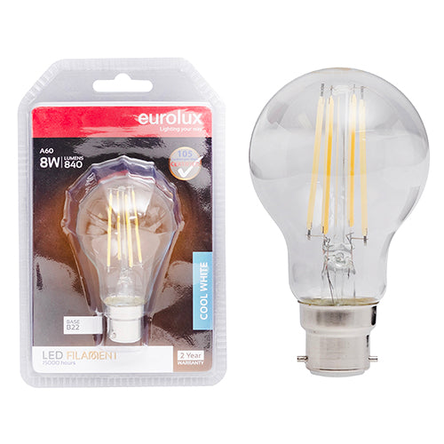 Eurolux A60 Filament Clear 8W LED Bulb – B22 Bayonet, 4000K Cool White