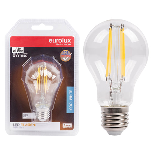 Eurolux A60 Filament Clear 8W LED Bulb – E27 Screw, 4000K Cool White