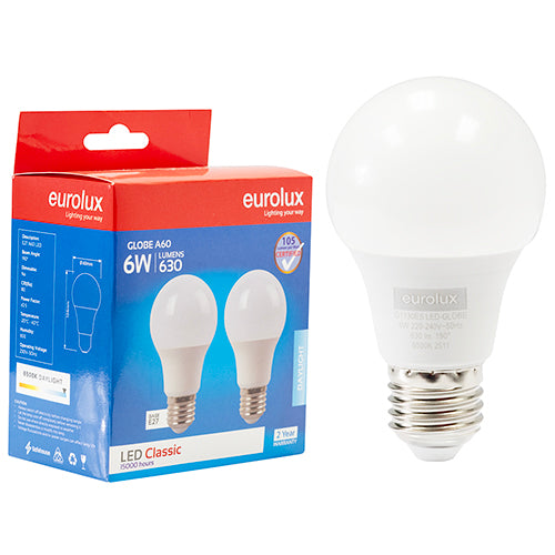 Eurolux A60 Classic 6W LED Bulb – E27 Screw, Twin Pack, 6500K Cool Daylight