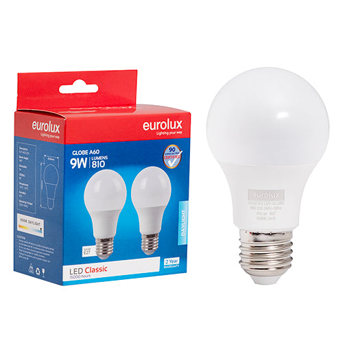 Eurolux A60 Classic 9W LED Bulb – E27 Screw, Twin Pack, 6500K Cool Daylight