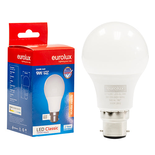 Eurolux A60 Classic 9W LED Bulb – B22 Bayonet, 3000K Warm White
