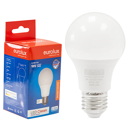 Eurolux A60 Classic 9W LED Bulb – E27 Screw, 3000K Warm White