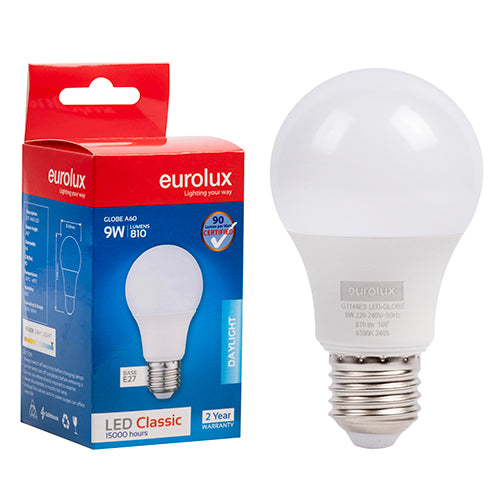 Eurolux A60 Classic 9W LED Bulb – E27 Screw, 6500K Cool Daylight