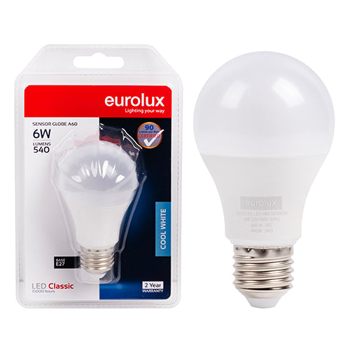 Eurolux A60 Classic Day/Night Sensor 6W LED Bulb – E27 Screw, 4000K Cool White