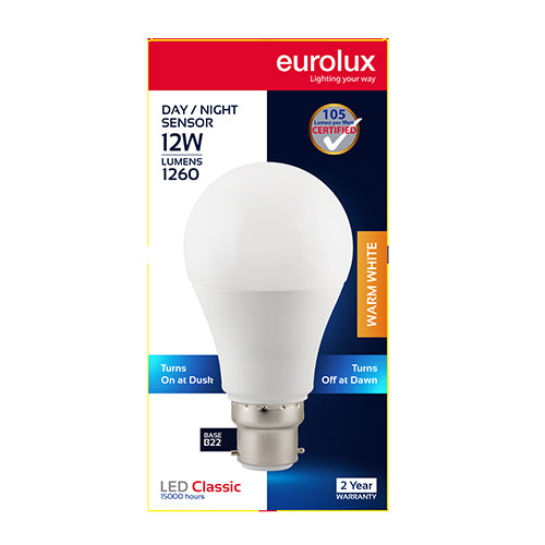 Eurolux A60 Classic Day/Night Sensor 12W LED Bulb – B22 Bayonet, 3000K Warm White