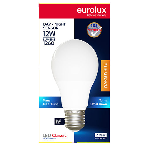 Eurolux A60 Classic Day/Night Sensor 12W LED Bulb – E27 Screw, 3000K Warm White