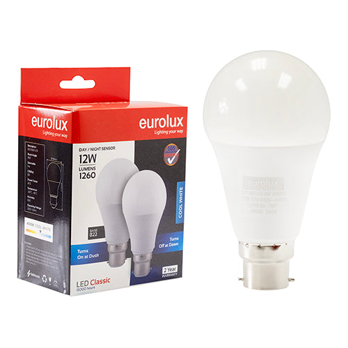 Eurolux A60 Day/Night Sensor 12W LED Bulb – B22 Bayonet, Twin Pack, 4000K Cool White